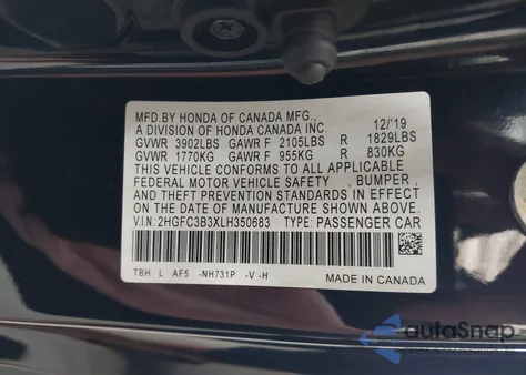 2020 Honda Civic Ex from USA, damaged, VIN 2HGFC3B3XLH350683